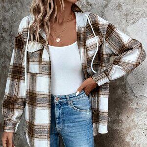 Brown Casual Womens Plaid Print Drop Shoulder Drawstring Hooded Coat
